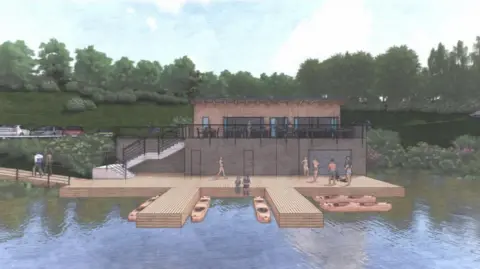 Laver Leisure An artist's impression of a watersports centre next to water. A brown building is set on a raised platform with stairs on the left leading up to it. A wooden jetty is at the foot of the platform, with canoes moored alongside it. People can be seen milling about. A car park is visible up on the left and trees cover the horizon.