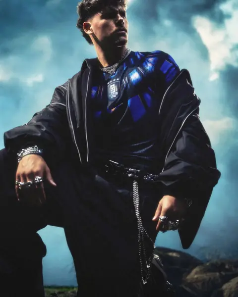 Nike Ronald Araújo wears the Uruguay home kit with chunky silver accessories, an oversized jacket and baggy trousers