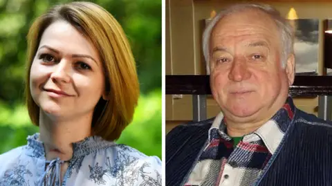 Reuters/BBC A composite image showing Yulia Skripal wearing a pale blue patterned dress on the left, and her father Sergei Skripal wearing a blue and white checked shirt and a blue corduroy jacked on the right