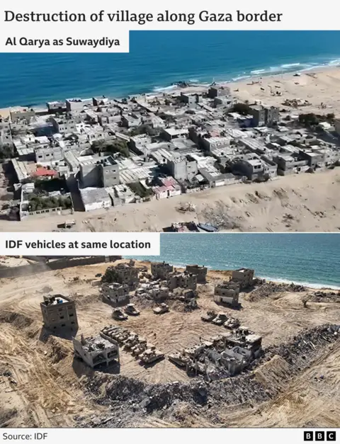 top image: al qarya as suwaydiya village lower image: israeli miitary vehicles at same location.