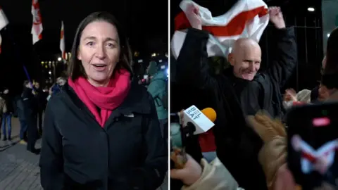 Split screen of Sarah Rainsford wearing a black jacket standing in front of a crowd and Ales Bialiatski holding up a flag smiling