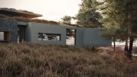 Brown & Brown Architects The property is single storey with stone walls and a turf roof.