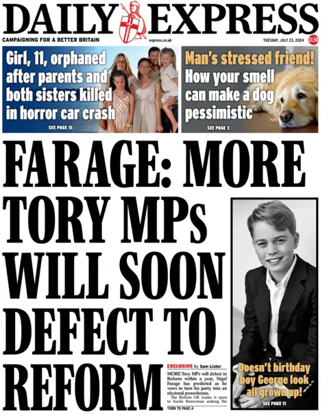 Daily Express headline reads: Farage: More Tory MPs will soon defect to Reform