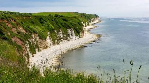 Steve Goacher / Getty Images White chalk cliffs covered in grass by the beach. The sky is blue.