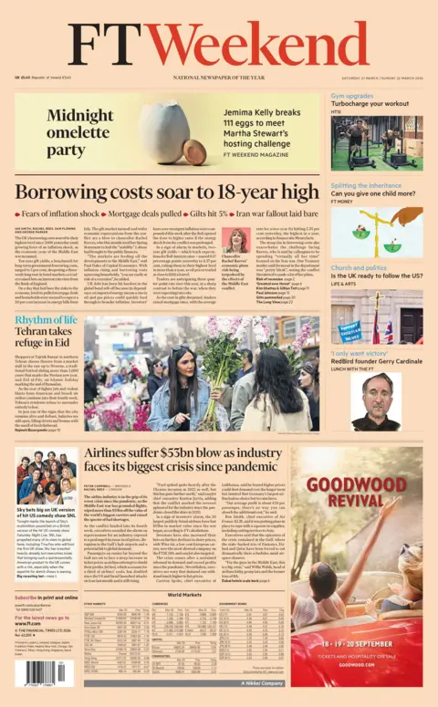 "Borrowing costs soar to 18-year high," reads the headline on the front page of the FT Weekend.