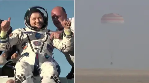 Split screen divides between Oleg Kononenko showing two thumbs up and the space shuttle landing