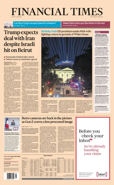 The headline on the front page of the Financial Times reads: “Trump expects deal with Iran despite Israeli hit on Beirut”.