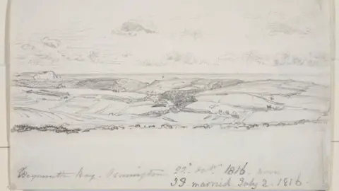 The side of Weymouth Bay, Osmington which depicts fields. There are dates under it.