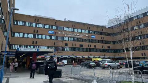The main entrance of Queen's Medical Centre in Nottingham. Taken in January 2026.