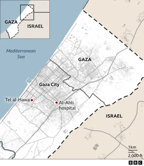 Map of northern Gaza showing Tal al-Hawa and al-Ahli hospital