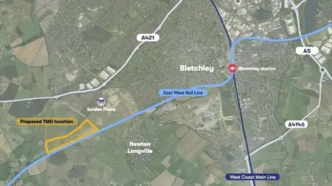 East West Rail A map showing the area around Bletchley, highlighting the East West Rail Line, nearby roads, and surrounding towns, with a proposed depot location marked to the south-west near Newton Longville.