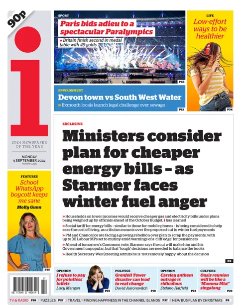 i headlines "ministers consider plan for cheaper energy bills -as Starmer faces winter fuel anger"
