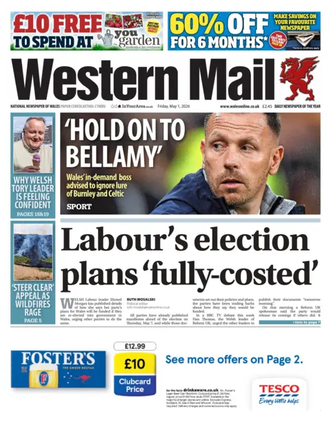 Western Mail The Front page of thewith a picture of Craig Bellamy and the headline Hold onto Bellamy and a second headline with no picture over the lead the says Labour's election plans 'fully-costed'