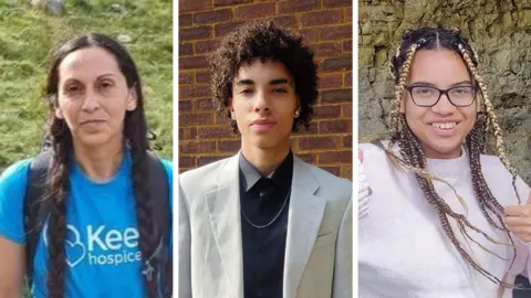 Bedfordshire Police A composite image showing Juliana Falcon (long hair, wearing a blue T-shirt and backpack), Kyle Prosper (wearing a grey suit jacket with buttoned up black shirt), and Giselle Prosper (smiling, thumb ups, wearing a jumper)