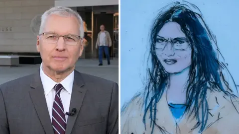 Split screen. On the left, we see Peter Bowes. On the right, we see the "Ketamine Queen".