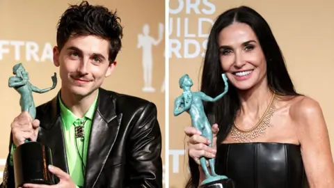 A composite image of Timothee Chalamet and Demi Moore posing with their SAG award statues at the 31st Screen Actors Guild Awards held at Shrine Auditorium and Expo Hall on February 23, 2025 in Los Angeles, California, US