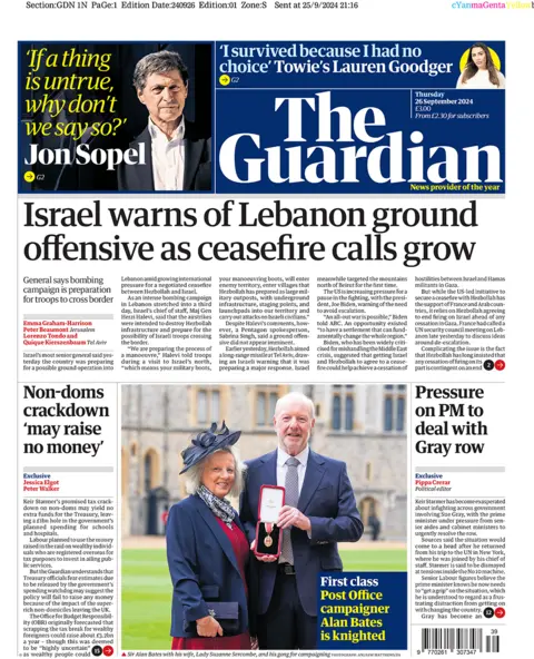 The front page of the Guardian. The headline reads: 'Israel warns of Lebanon ground offensive as ceasefire calls grow'.