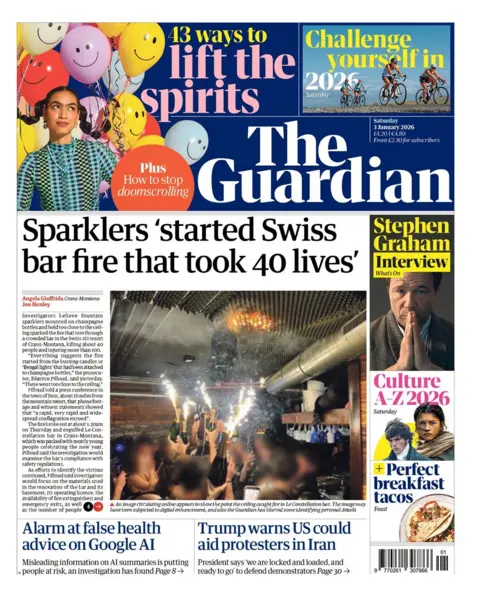 The headline on the front page of the Guardian reads: "Sparklers 'started Swiss bar fire that took 40 lives".