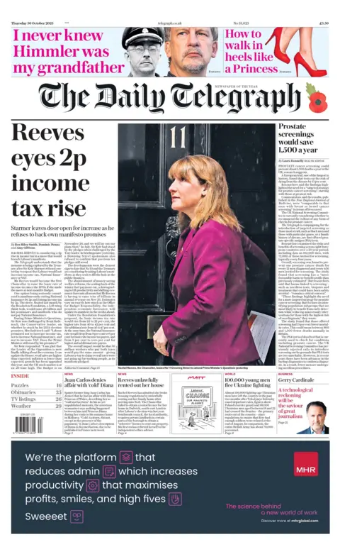 "Reeves eyes 2p income tax rise" reads the headline on the front page of The Daily Telegraph.