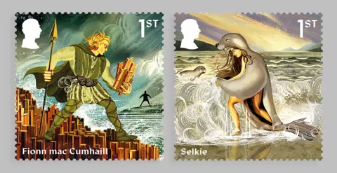 PA Media The stamp on the left depicts hero Fionn mac Cumhaill and on the left a Selkie stepping out of  its seal skin to become a human woman