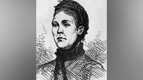 Catherine Eddowes - black and white drawing of a woman wearing a bonnet and high collar shirt