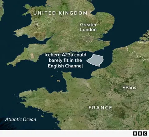 A BBC graphic showing the size of the A23a iceberg in comparison to Greater London, it is more than twice the size of the UK capital.