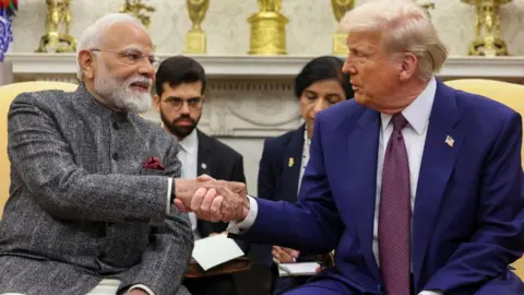 On February 13, 2025, US President Donald Trump along with Indian Prime Minister Narendra Modi at the White House at Washington DC in the United States, US President Donald Trump.