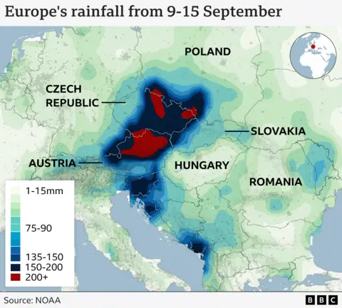 Una mappa che mostra l'intensità delle precipitazioni nelle zone colpite in Europa/