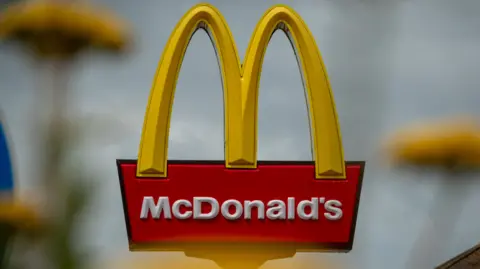 Yellow arches over a sign which says 'McDonald's'. The background is blurred but some yellow flowers can just be made out.