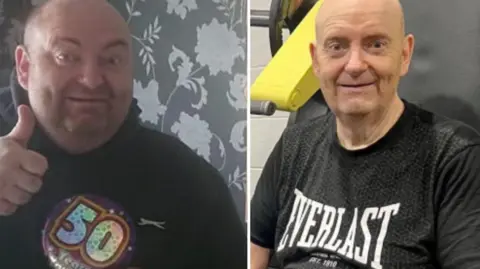 Two pictures of a man - one where he is larger with a 50th birthday badge and giving a thumbs up to the camera. And the second picture is of a man who is slimmer and wearing an Everlast logo T-shirt.