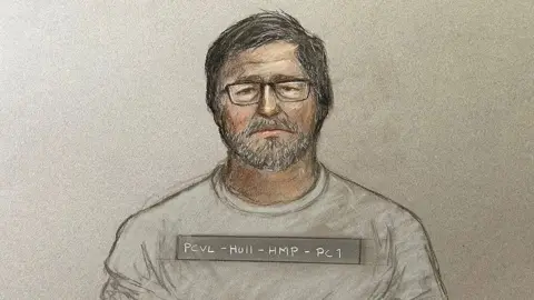 Julia Quenzler Court artist picture of Vladimir Motin he has short dark hair and beard and is wearing glasses and a grey top