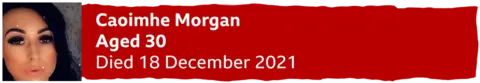 A banner with a photo of Caoimhe Morgan reading "aged 30, died 18 December 2021"