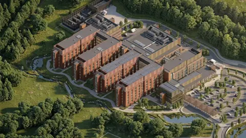 A computer generated image of the new hospital buildings, it is set close to woodland. There is a car park.
