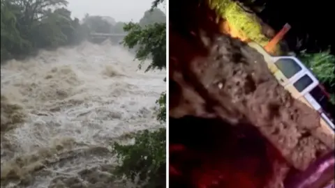 A split screen of a flooding river on the left and a car half submerged in muddy flood water on the right.