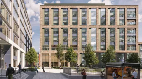 Artists design of modern large square office building with large windows.