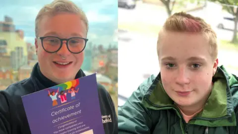 Cameron Wright A composite image that shows a recent photograph of Cameron Wright alongside one taken as a teenager. The recent photograph shows Cameron with short blonde hair and black glasses holding a certificate and smiling. The older photograph shows Cameron smiling slightly wearing a green jacket, minimal make up and with pink streaks in their hair.