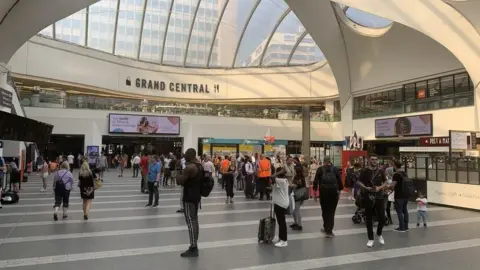 Crowds of people gather in a railway station concourse, looking up at digital boards and walking through the station. There is a domed roof with windows and a sign that reads "Grand Central".