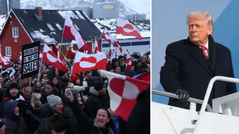 A composite image of protesters in Greenland and Donald Trump.