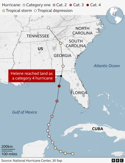 Map showing the path of Hurricane Helene as it developed from a tropical storm to a Category 4 hurricane. A red marker indicates where the hurricane made landfall over Florida's Gulf Coast. Other US states on the map include Georgia, Tennessee, South Carolina and North Carolina. Cuba is also pictured.