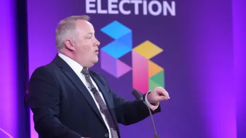 Darren Millar standing in front of the purple background of the programme's set gesticulating with his hand
