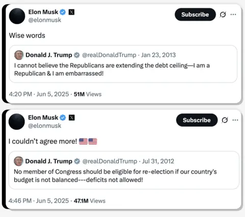 Screengrabs of two posts on X. In the first, Elon Musk writes "wise words" in response to a 2013 post from Donald Trump which reads "I cannot believe the Republicans are extending the debt ceiling - I am a Republican & I am embarrassed".
In a second post, Elon Musk writes "couldn't agree more" in response to a 2012 post on X from Donald Trump which reads: "No member of Congress should be eligible for re-election if our country's budget is not balanced - deficits not allowed!"