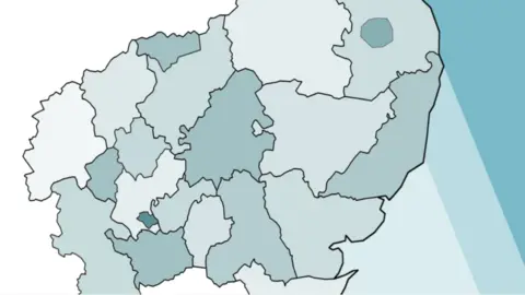 A graphic map showing what new councils' boundaries would look like if the government were to scrap district and borough authorities. Suffolk has two authorities on the map though the final outcome for the number of authorities could be more or less. 
