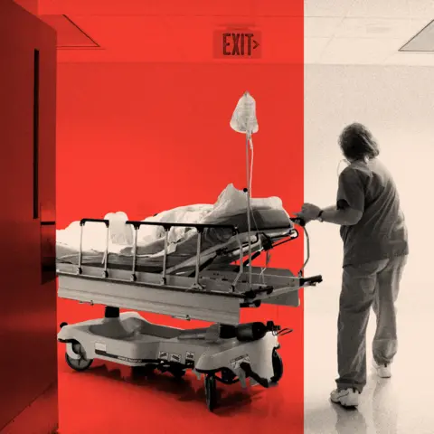 BBC An edited image of a patient lying in a hospital bed, with a nurse standing nearby, her back turned.