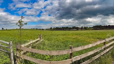 A wooden fence fringes a large field with trees in the far distance and clouds overhead 