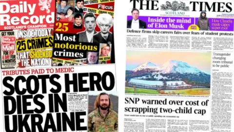 Composite image of the Daily Record, headlined "Scots hero dies in Ukraine" and The Times, headlined "SNP warned over cost of scrapping two-child cap"