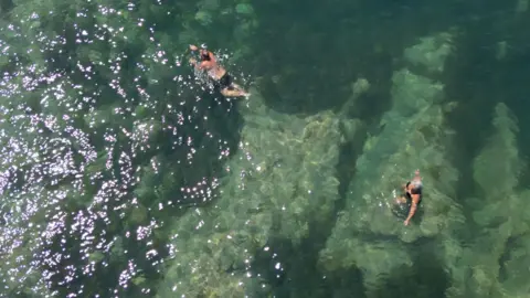 BBC Two people swim in the sea. The image is taken from a drone and is directly above the people.