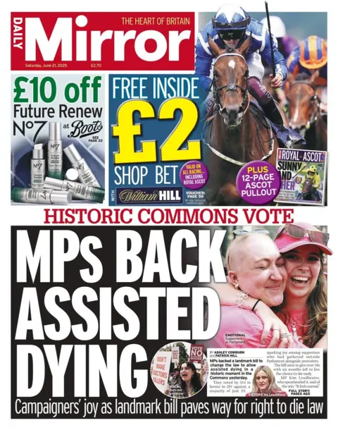 The headline on the front page of the Daily Mirror reads: "MPs back assisted dying"