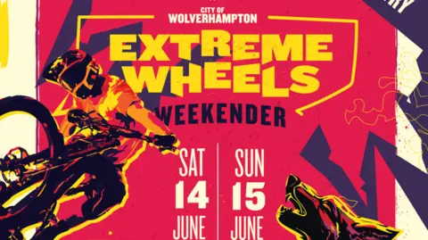 A pink flyer with the words 'Extreme Wheels' in yellow. The poster says the event will run from 14 - 15 June from 10:00 BST to 16:00 BST.