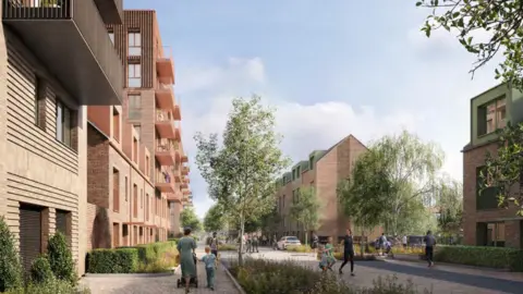 Broadway Malyan An artistic impression, looking down a street flanked by new-build housing. To the left, a long red brick block of flats is about six storeys high and continues out of view. On the opposite side of the street are shorter red brick terraced townhouses with green-framed dormer windows on the green roofs. Four trees and about 10 people are on the street in various groupings, with the clearest being a woman walking away, pushing a pushchair, with a young boy holding the side. 