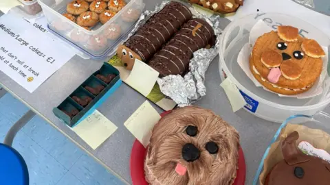 Supplied A table lined with dog-themed cakes. Three cakes on the left are in the likeness of Nellie's face. A caterpillar cake in the middle has a dog's face on the front.